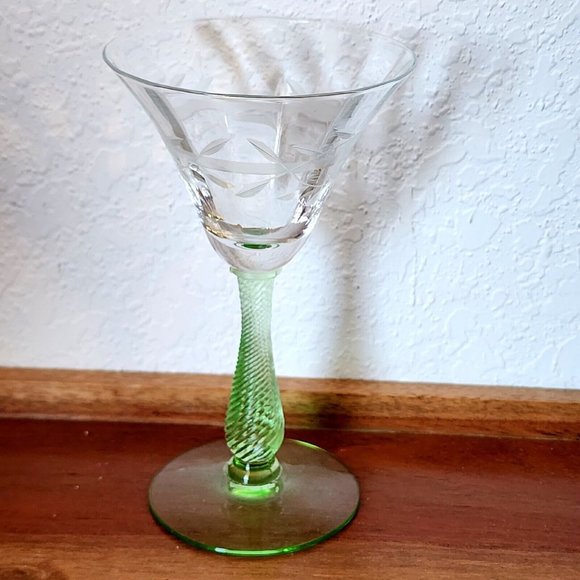 Weston Green Vaseline Stem Floral Stripe Etched Cordial 5.5" Depression Glass - Picture 2 of 12
